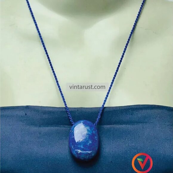 Lapis Lazuli Pendant Necklace, Gemstone Oval Shape Necklace Natural Good Quality - Picture 7 of 11